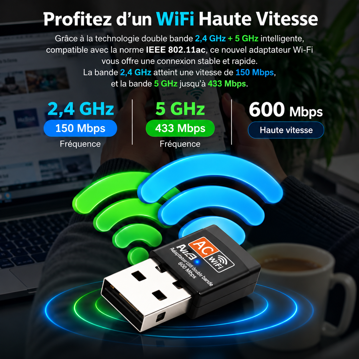 Adaptateur Wi‑Fi double bande haute vitesse
